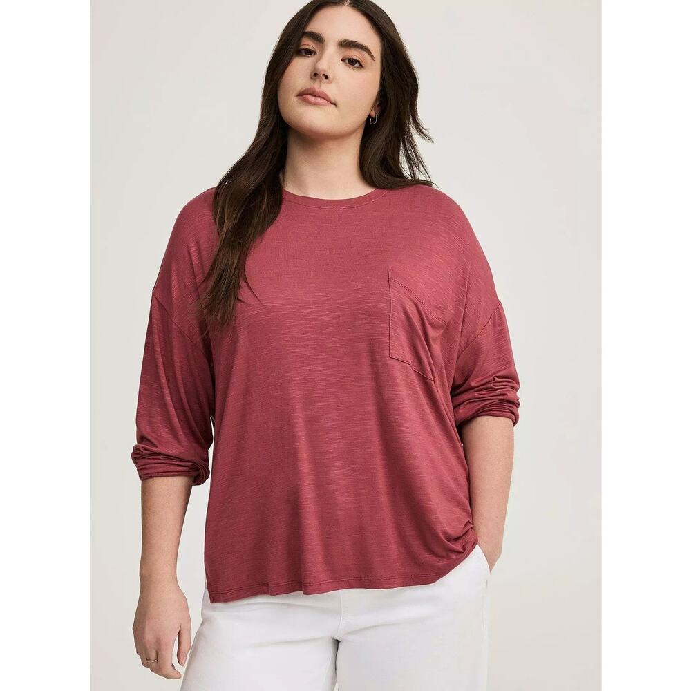 TORRID Crew Neck Super Soft Slub Knit Long-Sleeve Tee in Maroon Size 00 (M/10)